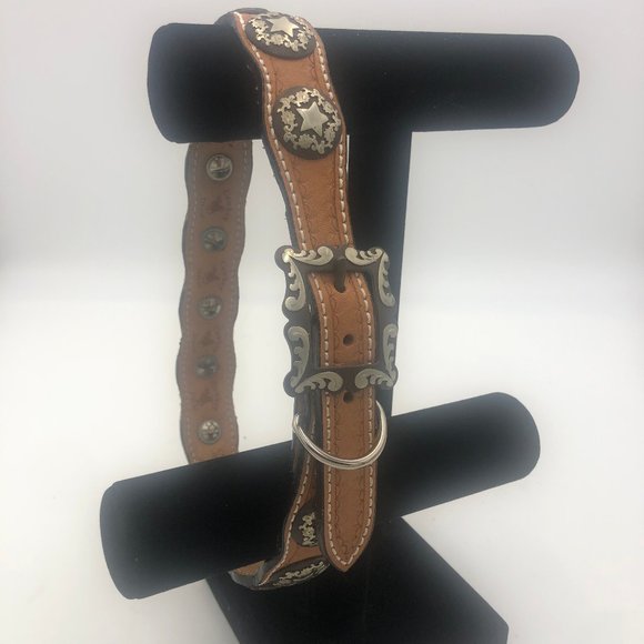 Cowboy Decor Tan Leather Dog Collar, Size 24 - Picture 1 of 5